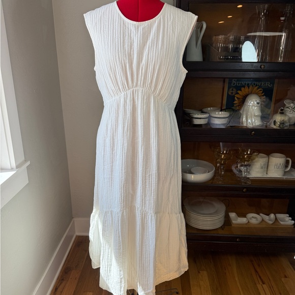 Nine West White Sleeveless Midi Dress | Textured Summer Sundress | Size L - Picture 1 of 7